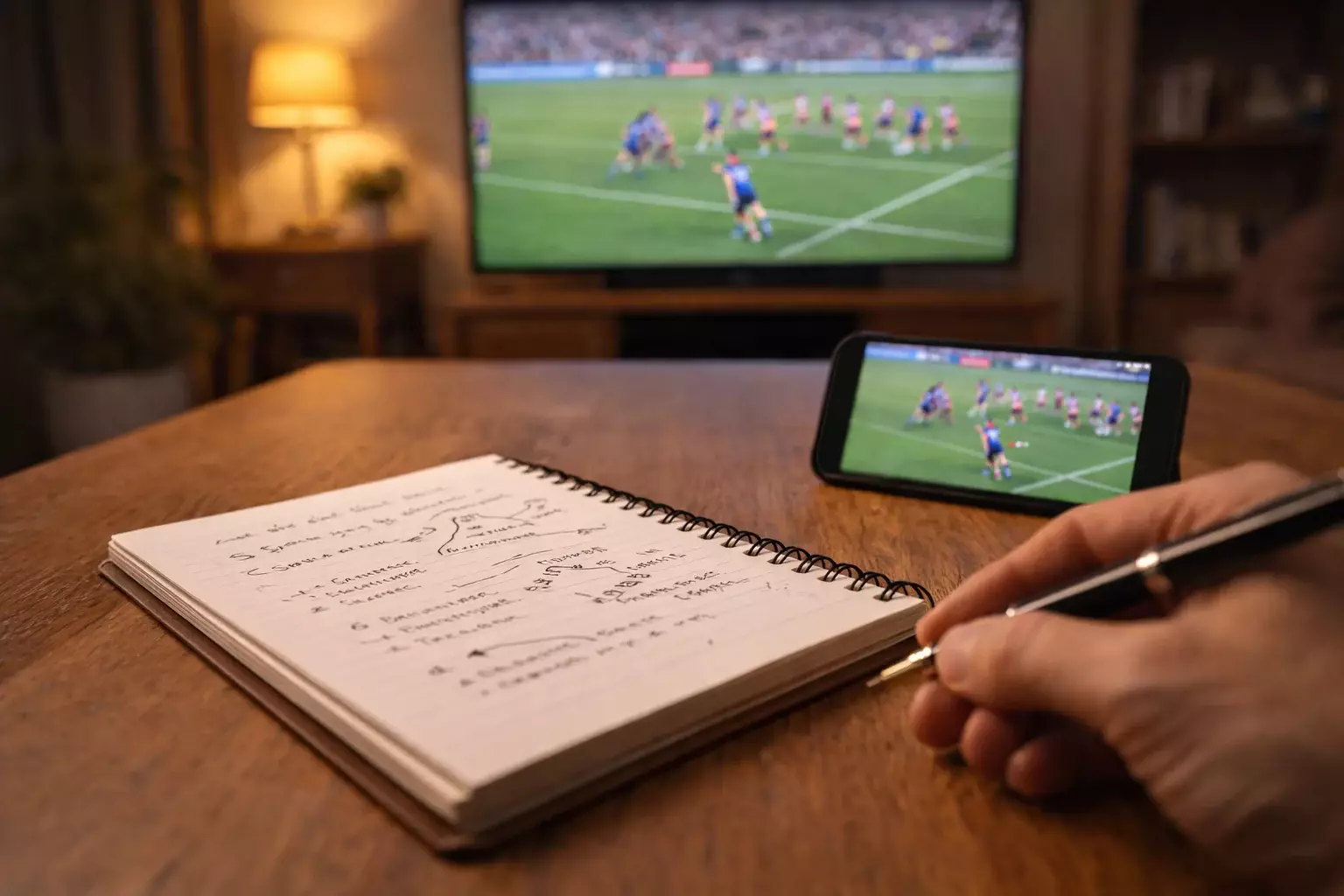 Notebook with betting notes next to rugby league match broadcast on screen