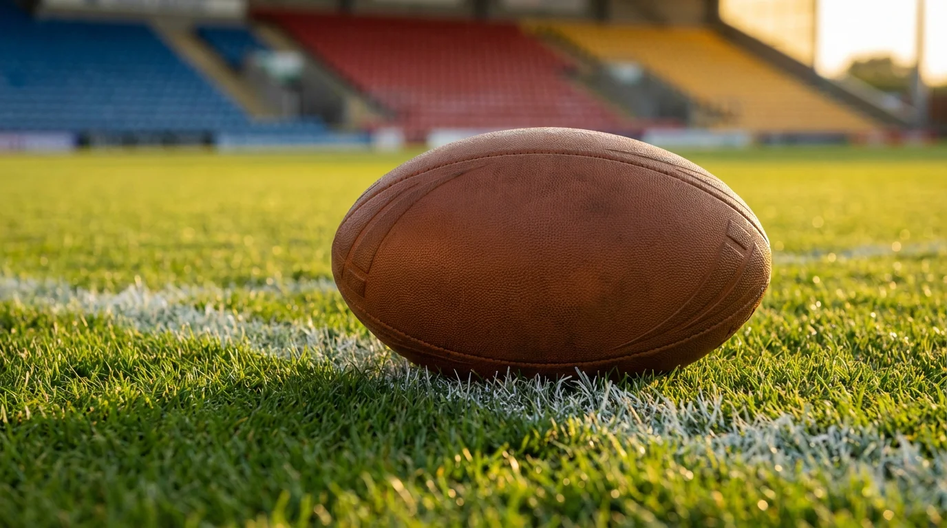 Rugby league ball resting on a grass pitch with stadium seats in the background