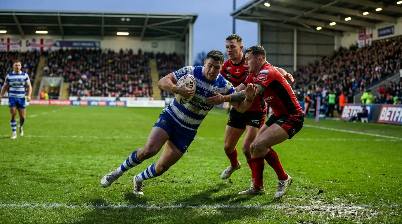 Rugby league players competing in a Challenge Cup knockout match under stadium floodlights