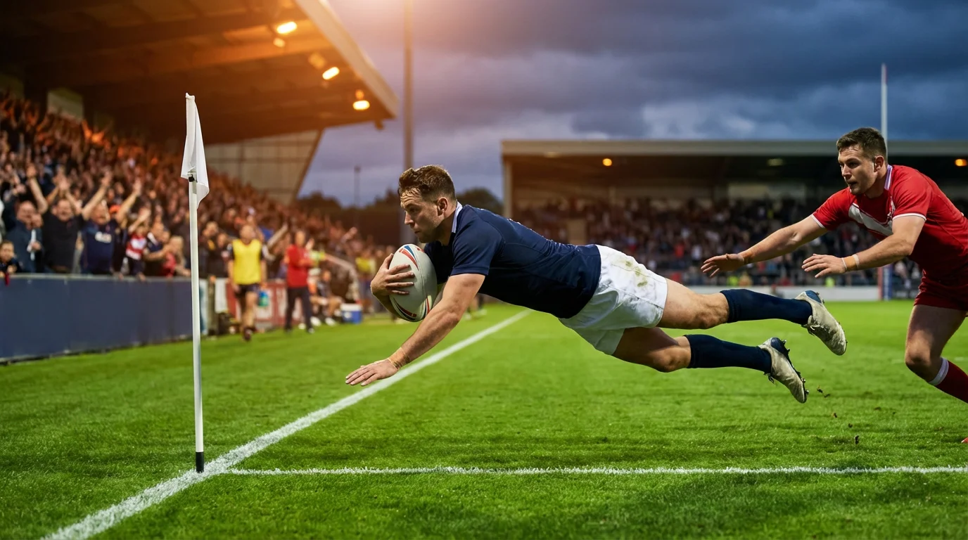 Rugby league winger diving to score a try in the corner of the pitch