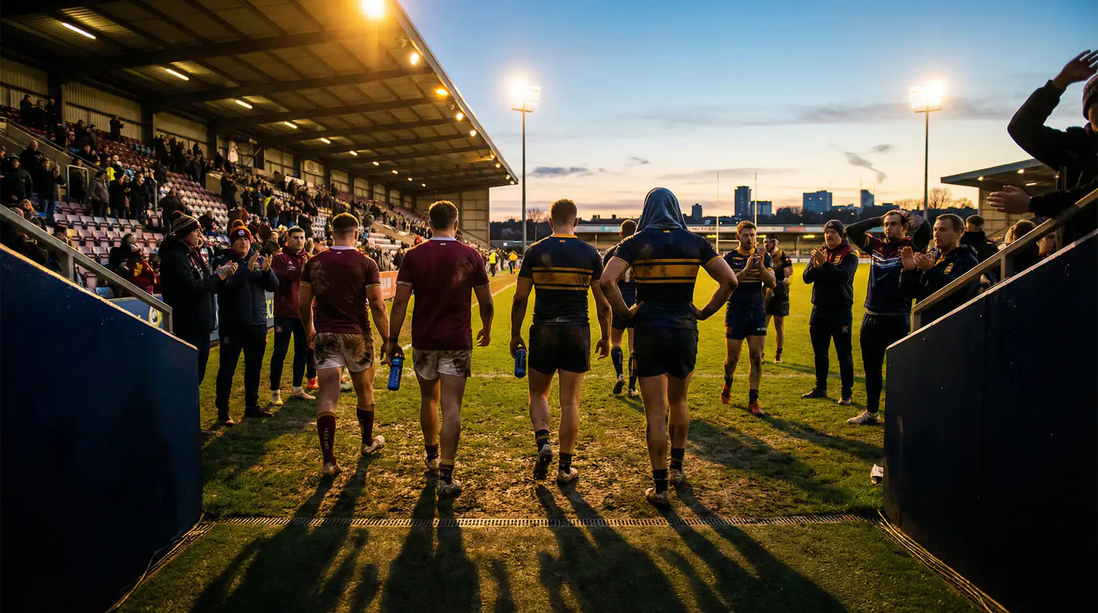 Rugby league players walking off the field at half-time under stadium floodlights