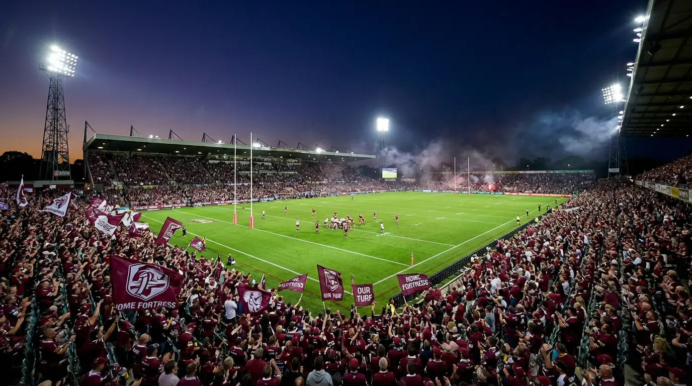 Packed rugby league stadium with home crowd cheering under evening lights