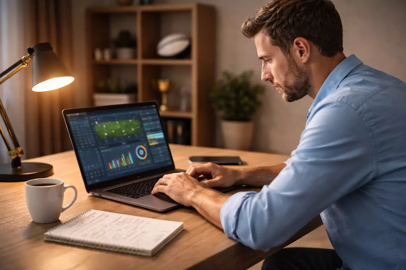 Professional bettor analyzing rugby league betting options on laptop
