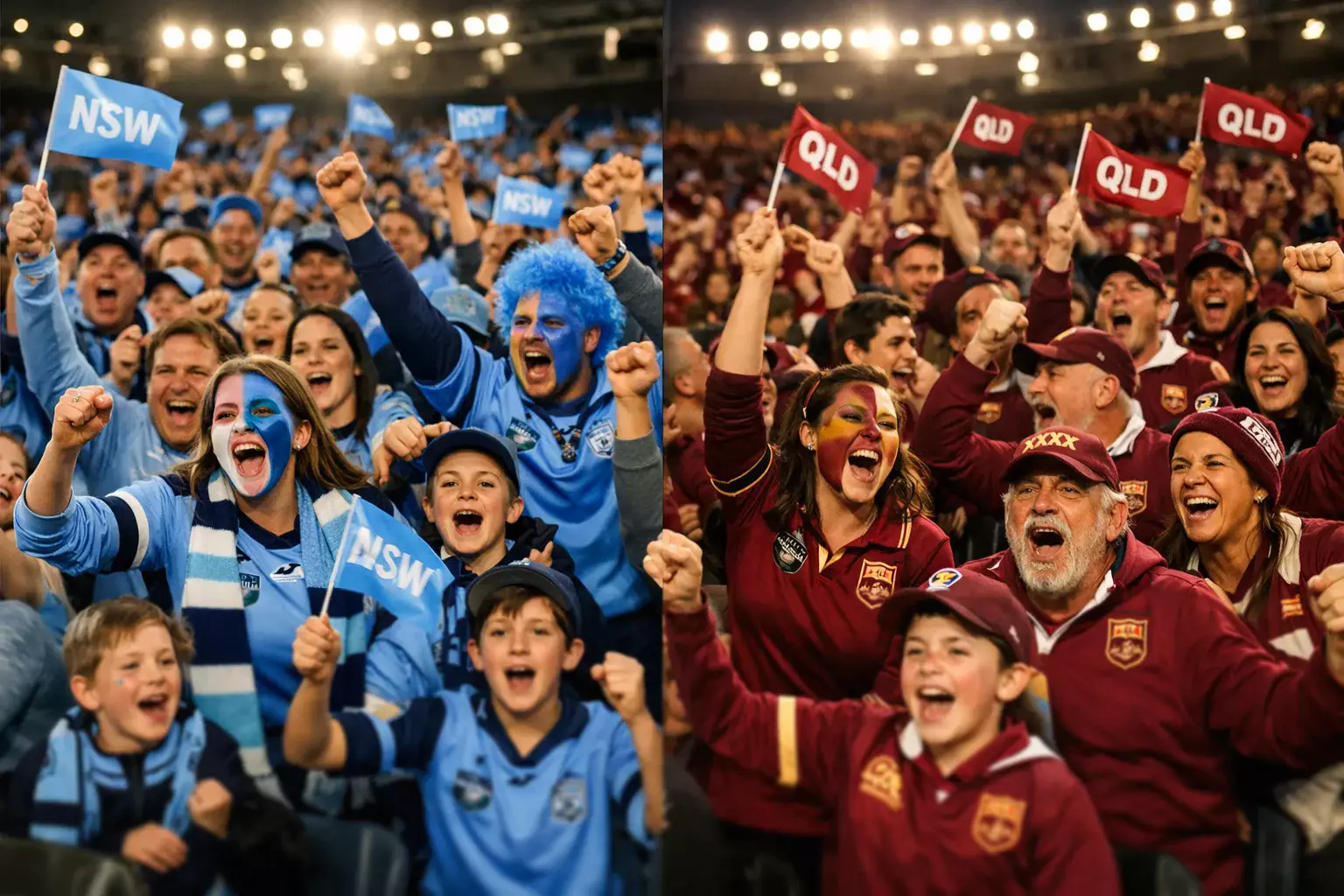 Passionate rugby league fans in NSW blue and Queensland maroon at stadium