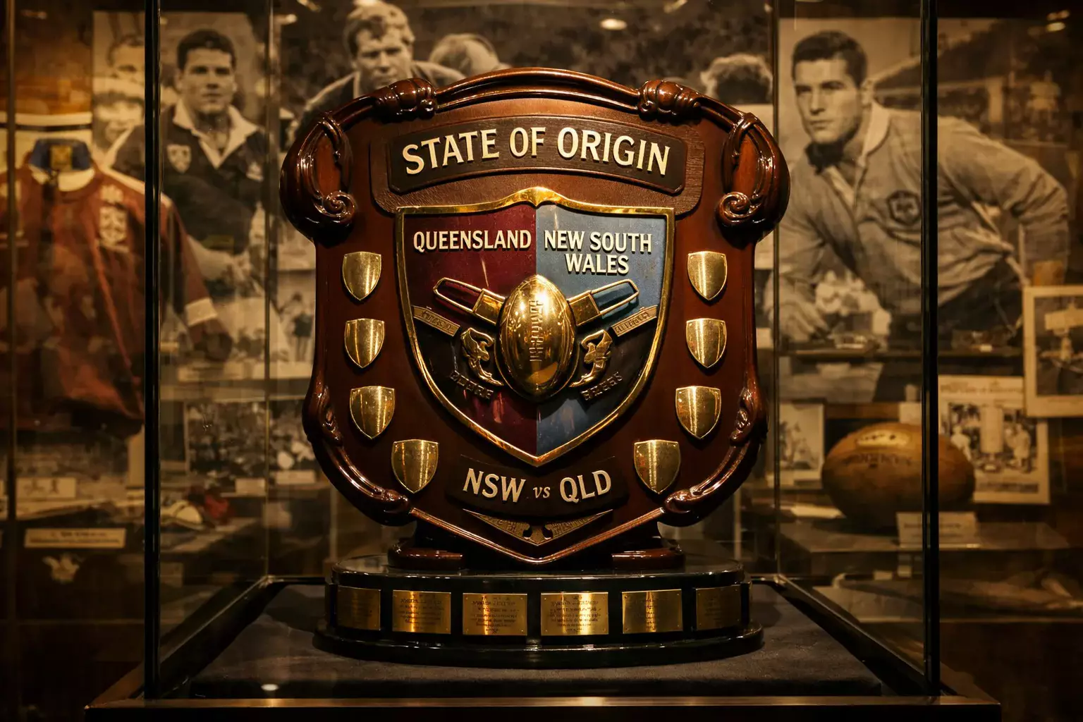 Historic State of Origin trophy with rugby league memorabilia