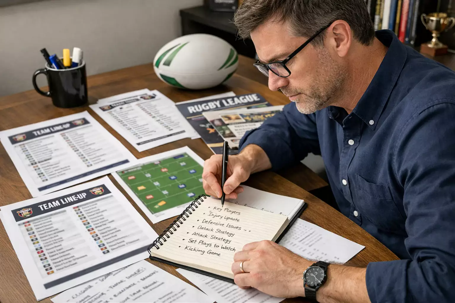 Rugby league analyst studying match statistics and team lineups