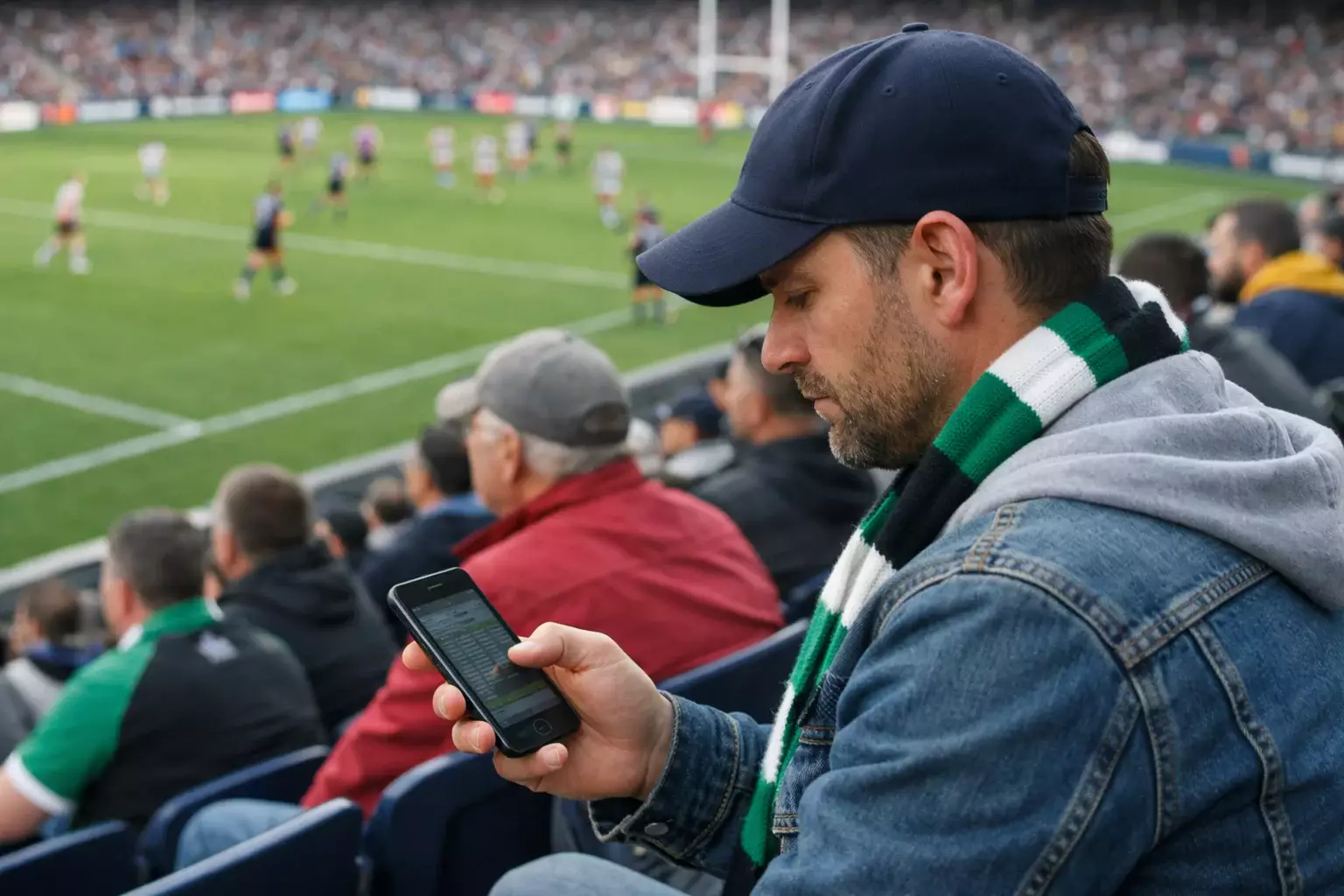Fan watching rugby league match on smartphone while at the stadium