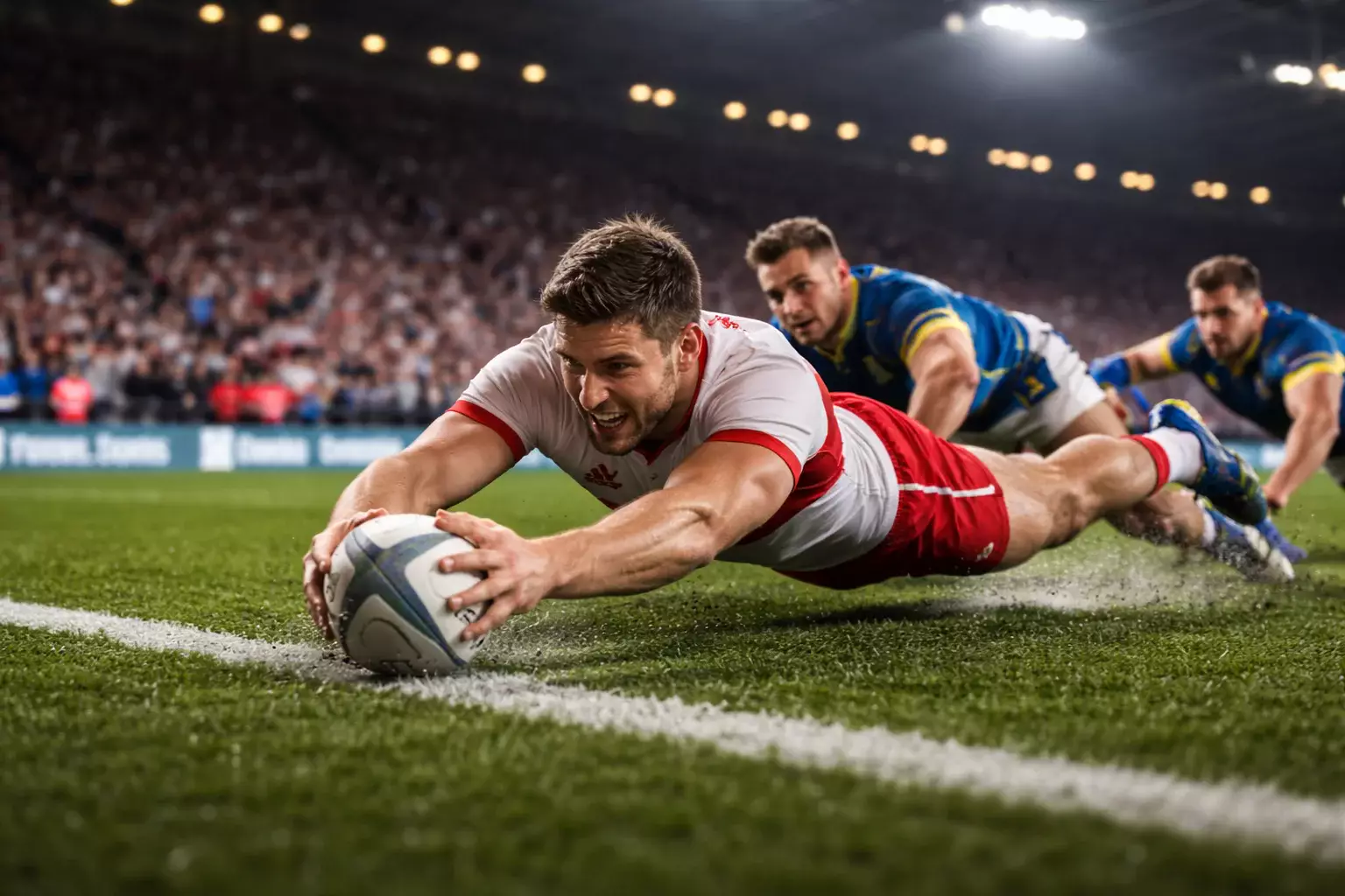 Rugby league try being scored with players diving over the line