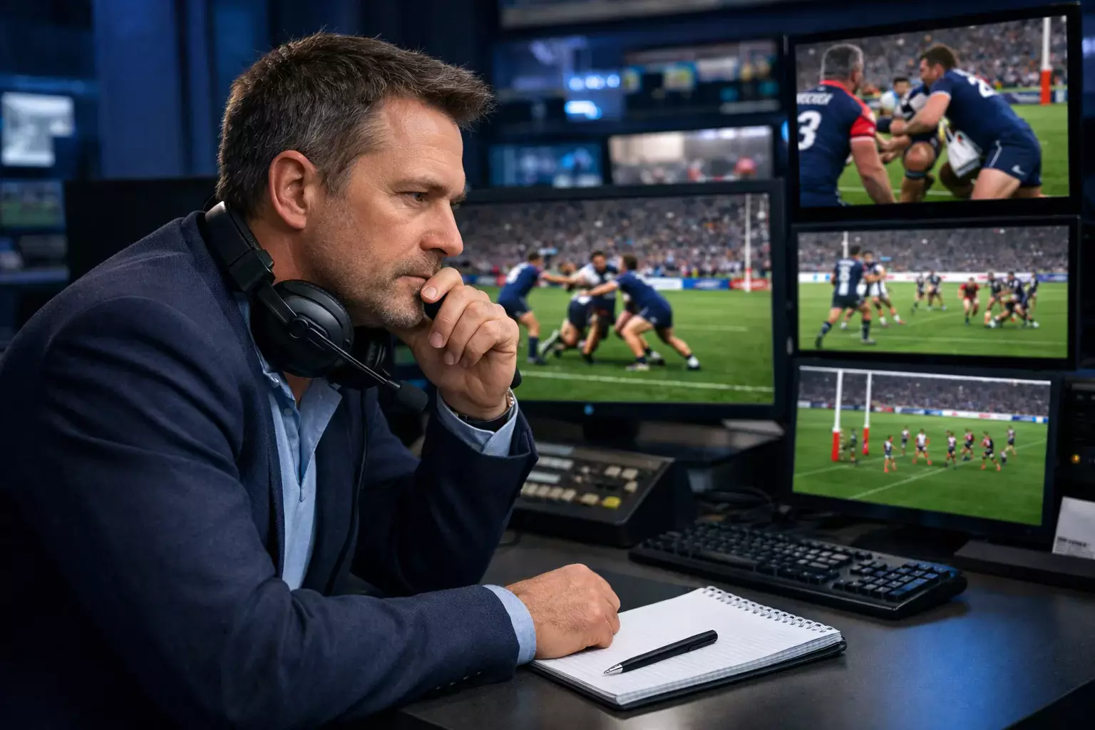 Rugby league analyst watching multiple screens showing match footage