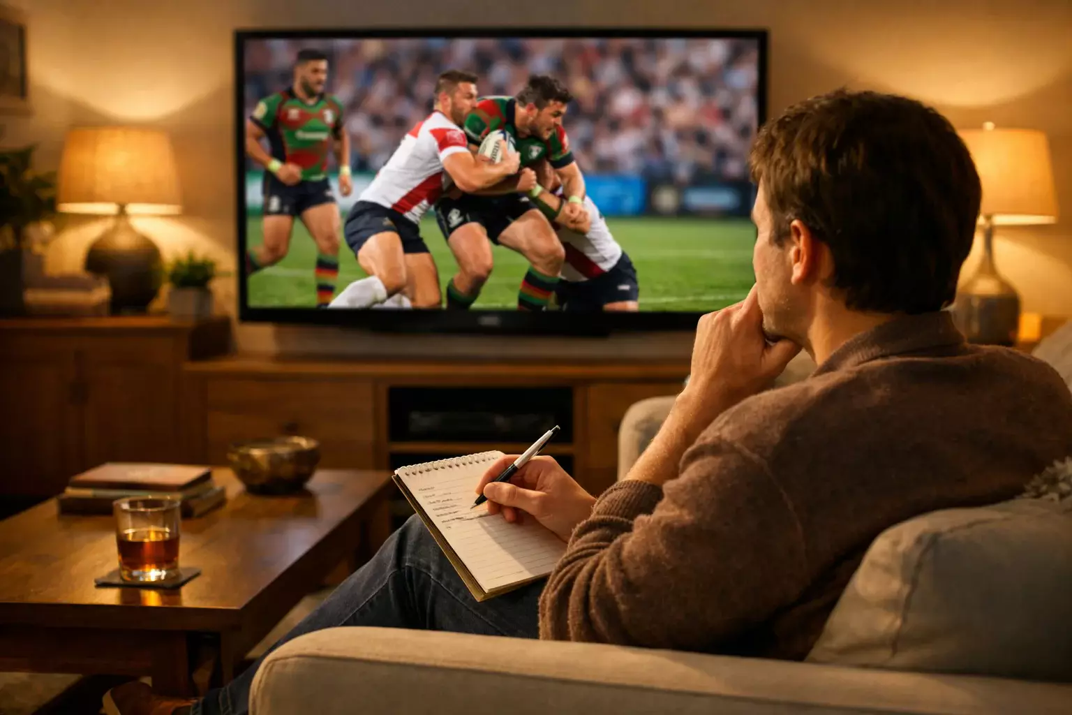 Focused person making notes while watching rugby league on television