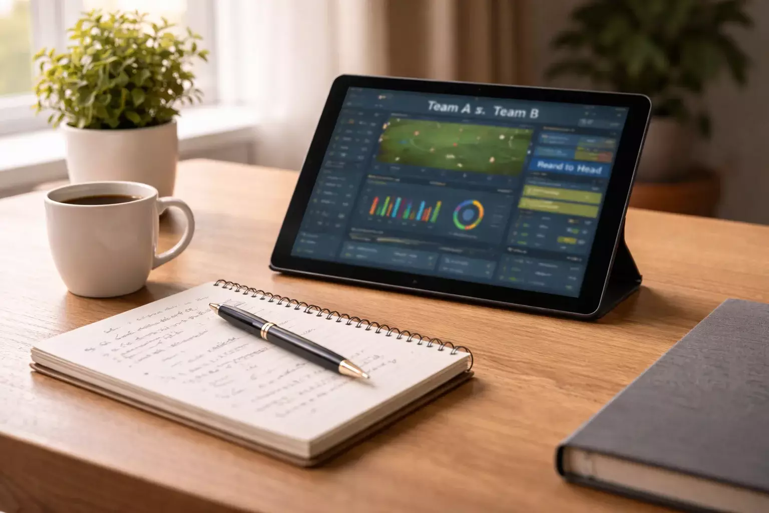 Modern home setup with tablet showing sports content and notepad