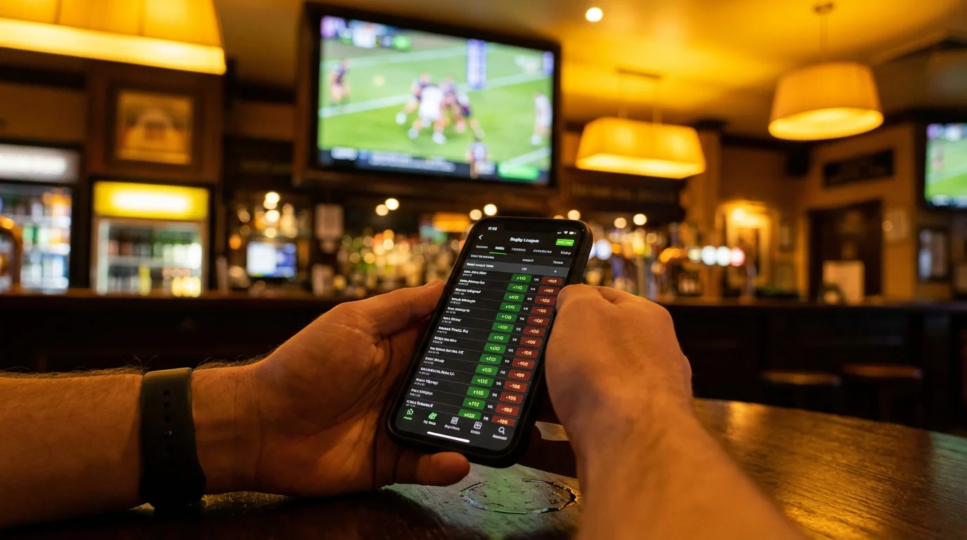 Sportsbook screen displaying shifting rugby league betting lines before kickoff