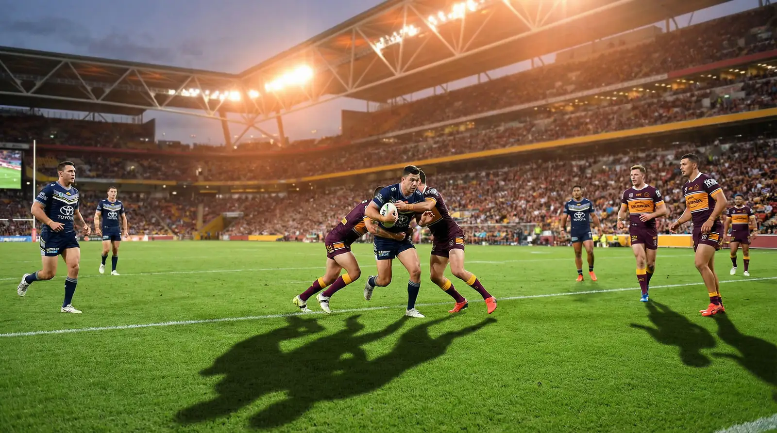 Rugby league match in action under stadium floodlights at night