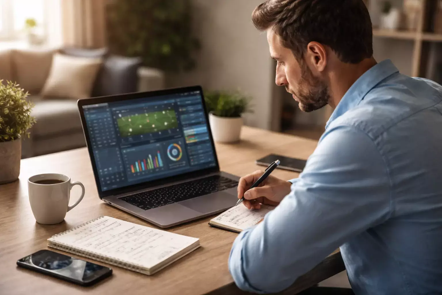 Sports analyst reviewing rugby league statistics on laptop