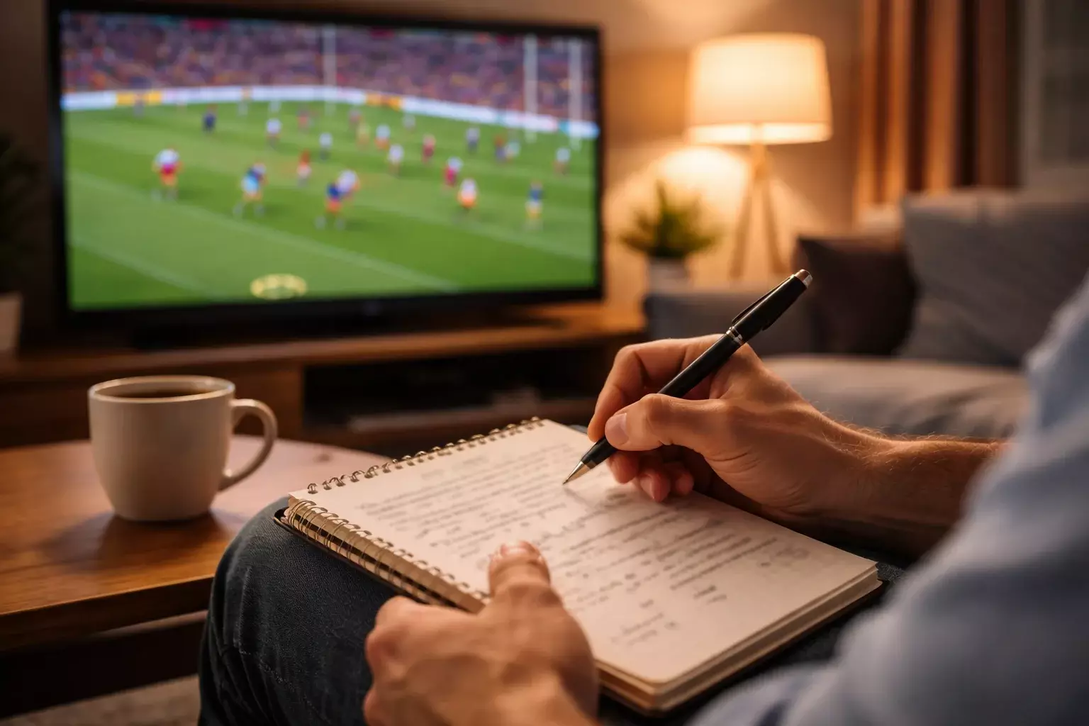 Person taking notes while watching rugby league match