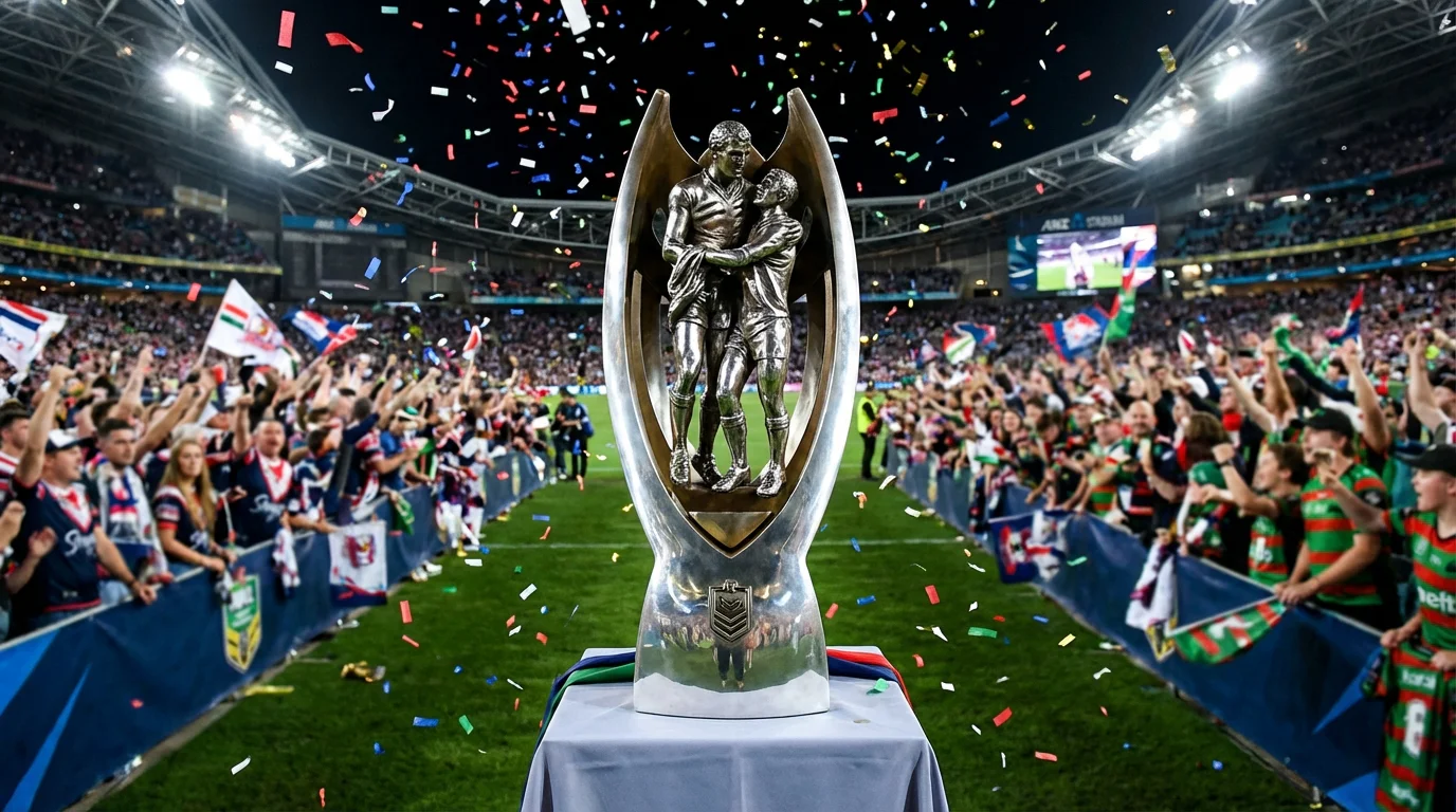 NRL premiership trophy on display at a packed rugby league stadium