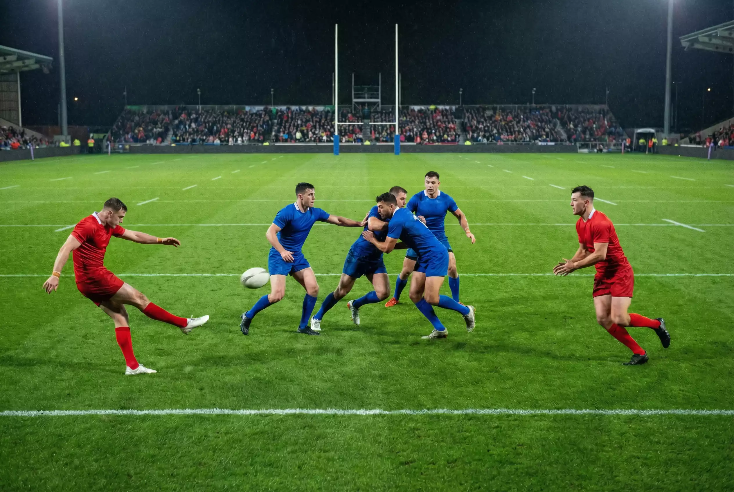 NRL match in progress on a professional rugby league field with players in action