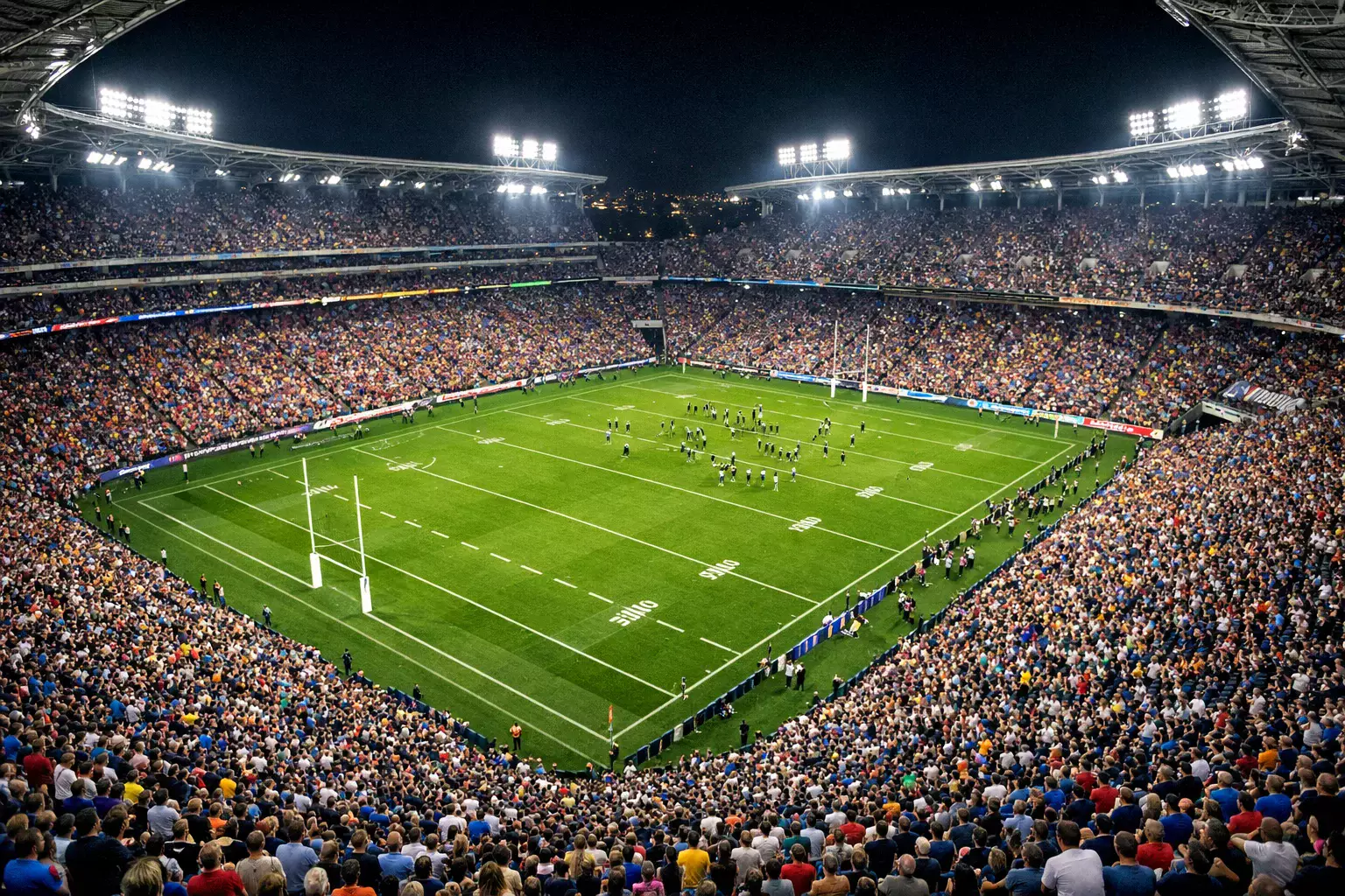 Packed rugby league stadium during NRL match with enthusiastic fans