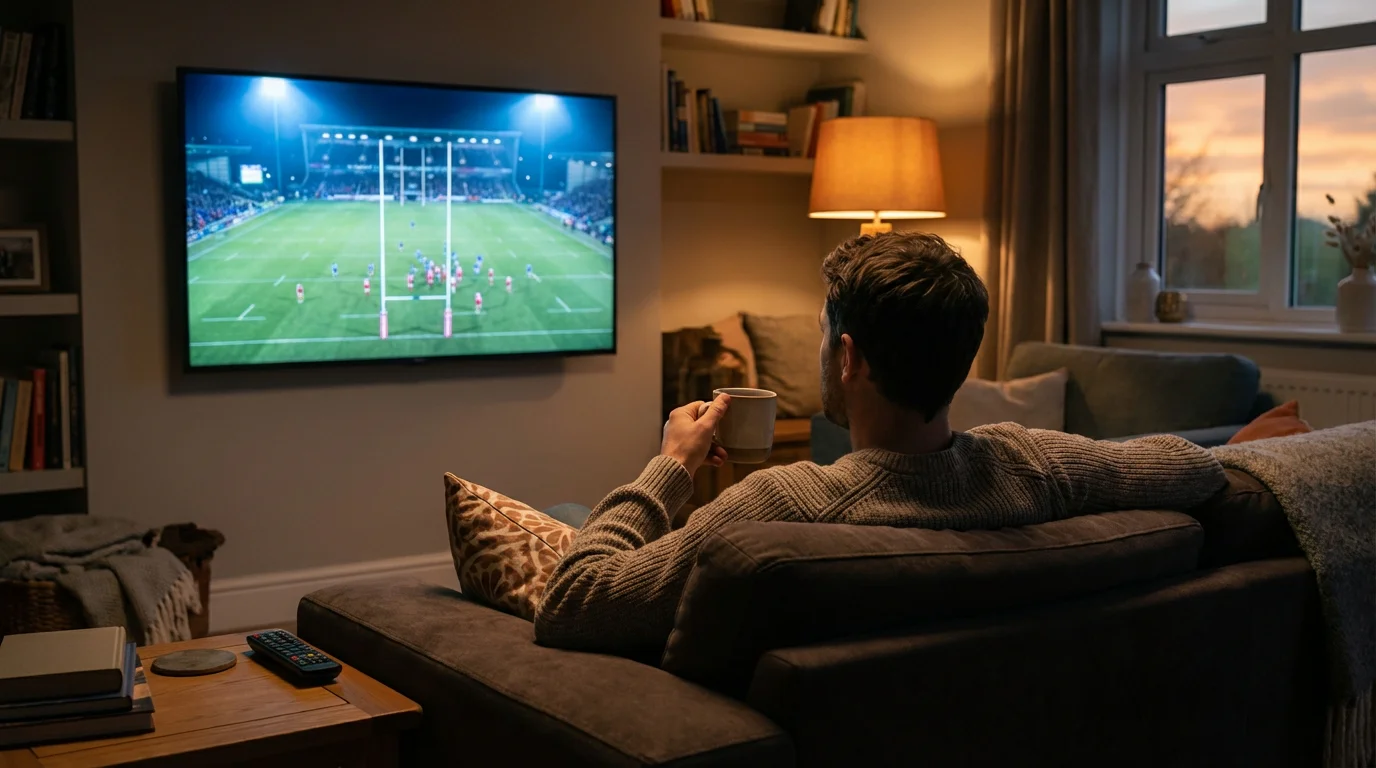 Person watching a rugby league match on television in a calm living room setting