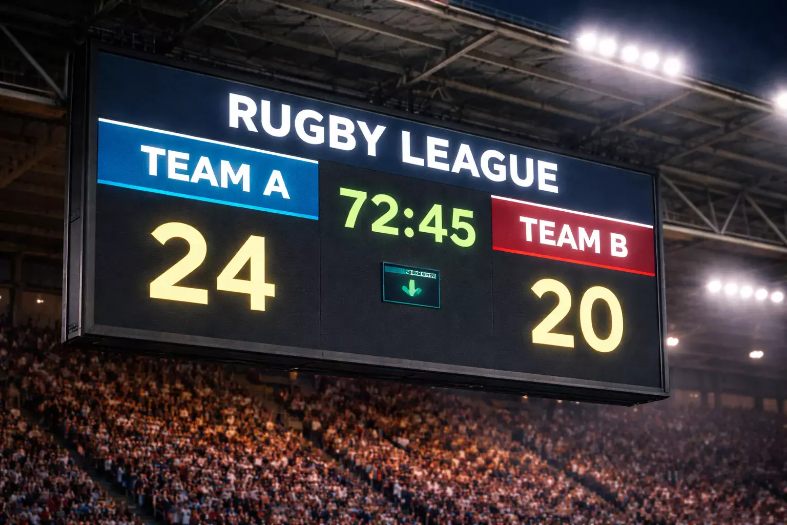 Rugby league scoreboard showing match scores during professional game