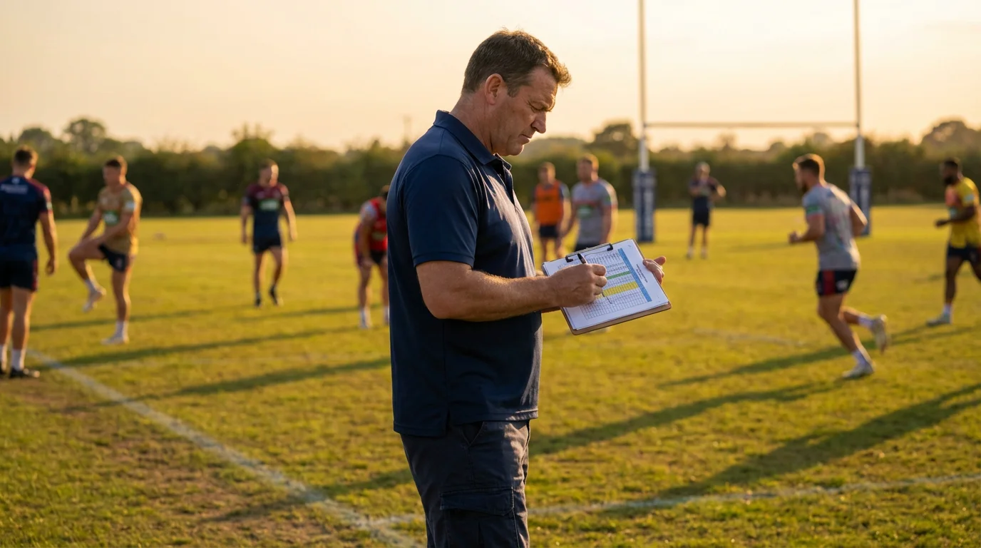 Rugby league coach reviewing player performance statistics on a clipboard beside the pitch