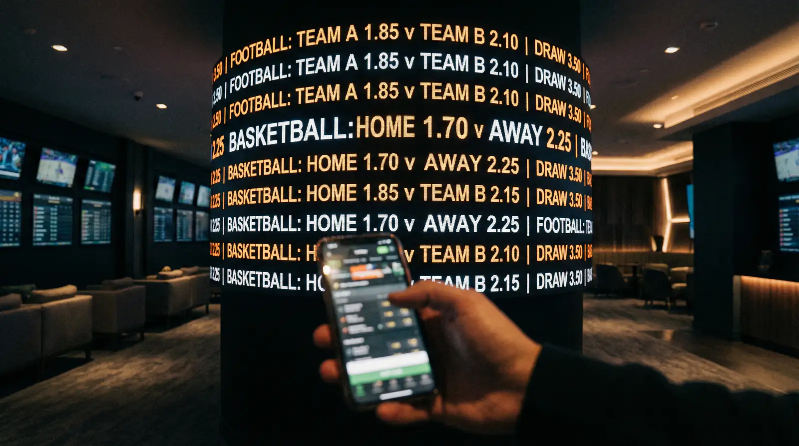 Close-up of a betting odds board at a sportsbook with rugby league prices
