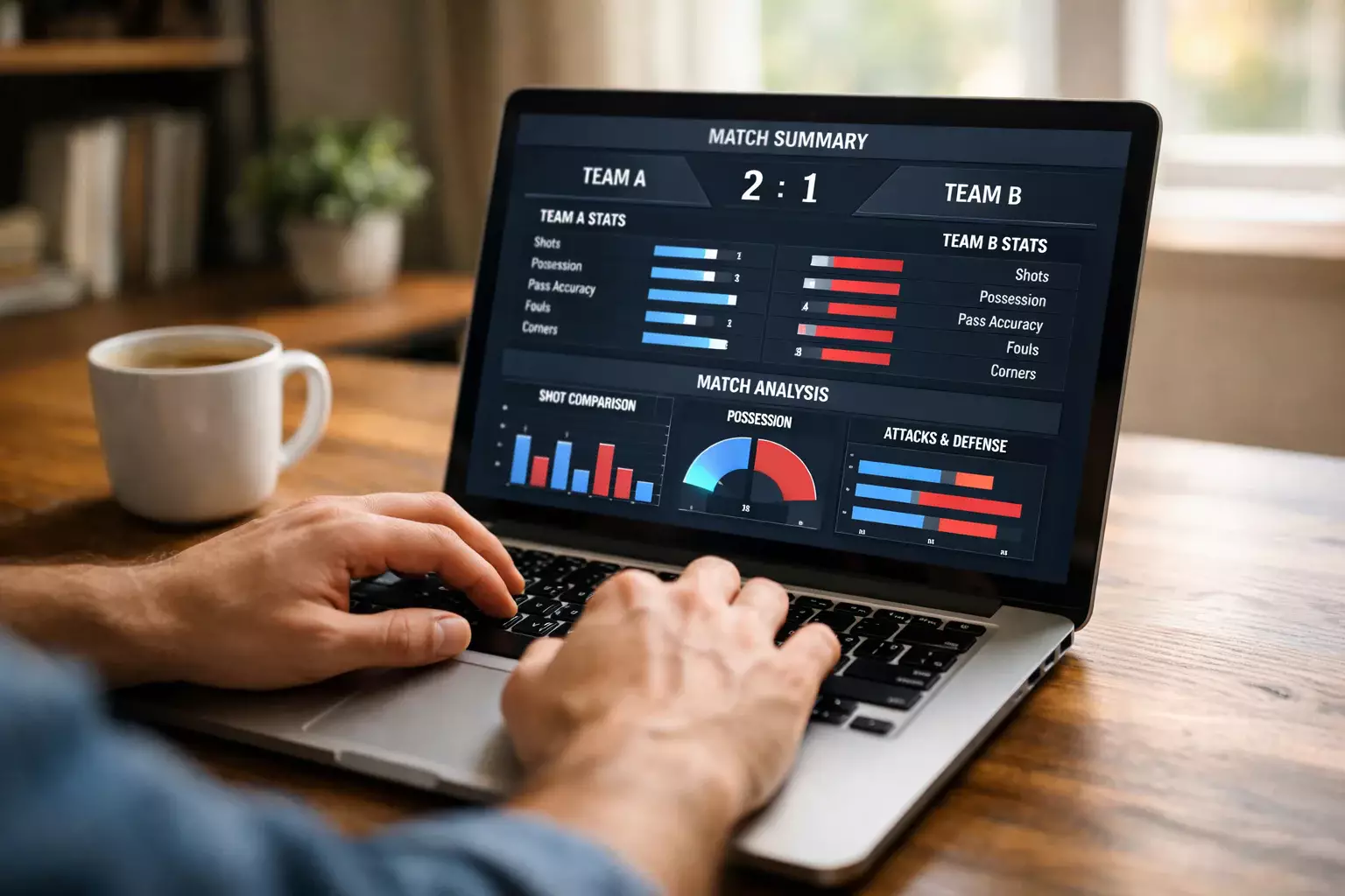 Person analyzing rugby league match statistics on laptop screen