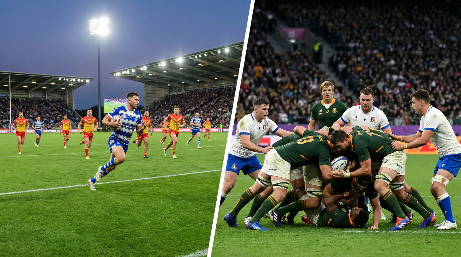 Split view of a rugby league pitch and a rugby union pitch side by side