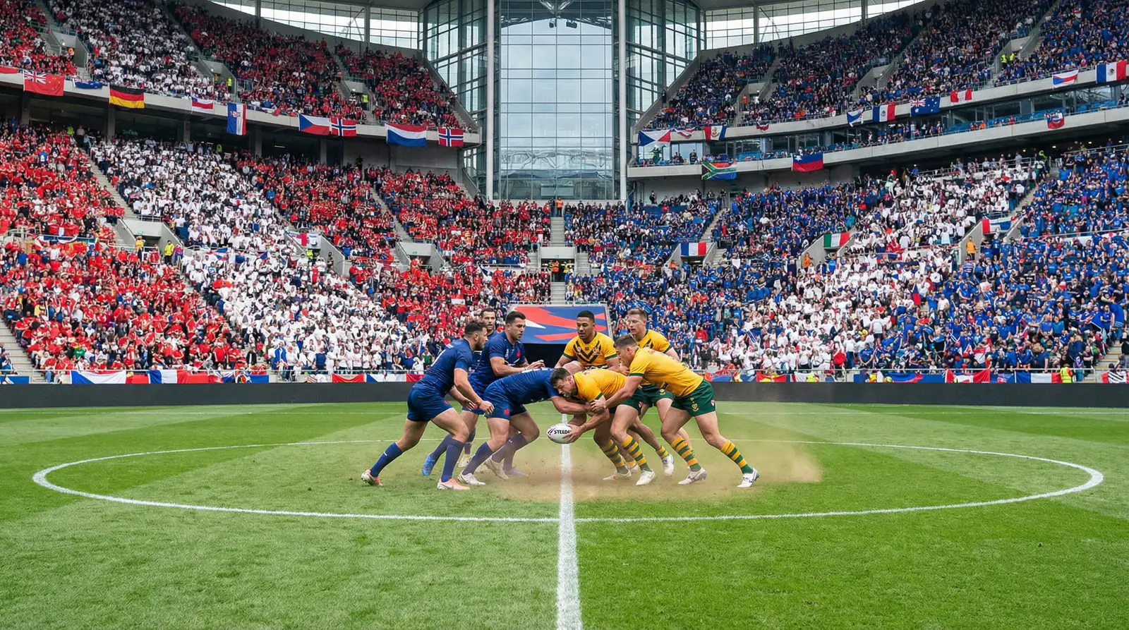 International rugby league match with teams competing on a world-class stadium pitch