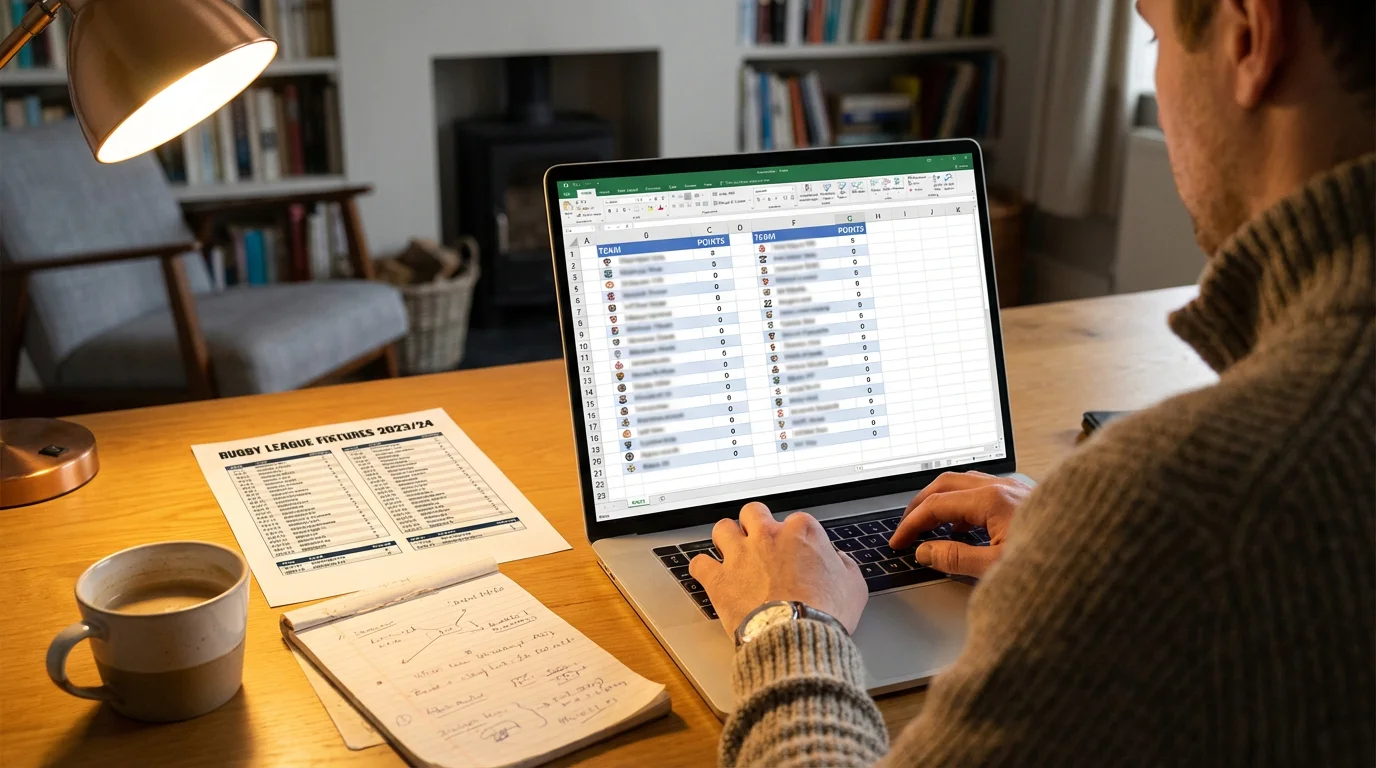 Person analysing rugby league statistics and match data on a laptop at a desk