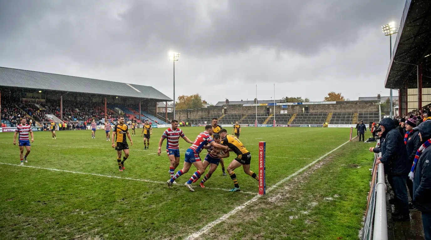 Super League rugby league players competing on a wet English pitch