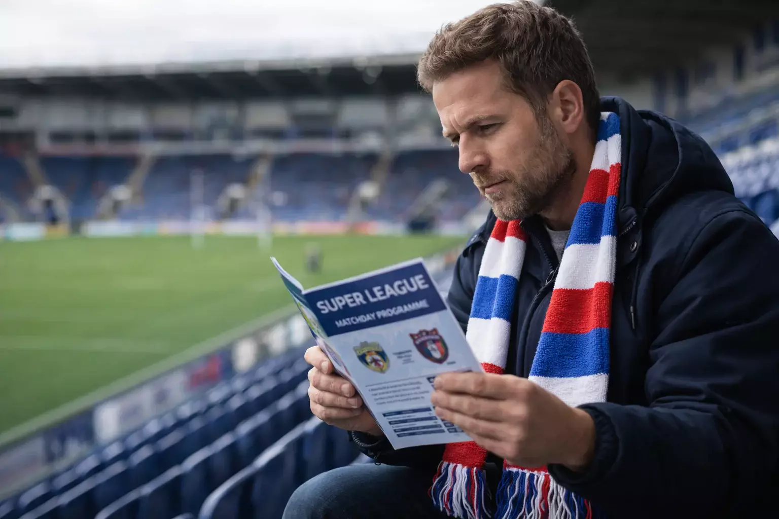 Fan studying match program before Super League game