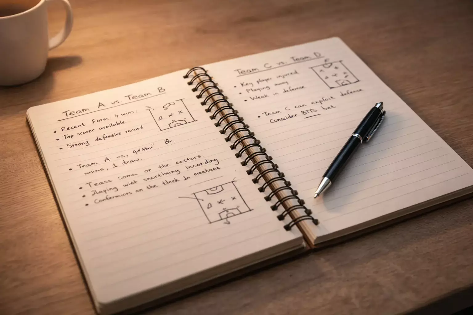 Notebook with betting notes and pen on desk