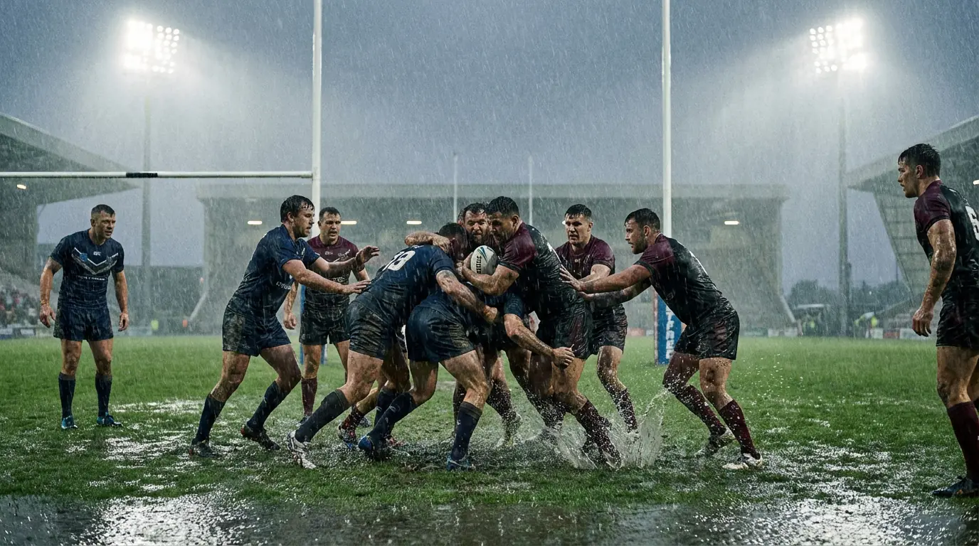 Rugby league match played in heavy rain on a muddy grass pitch